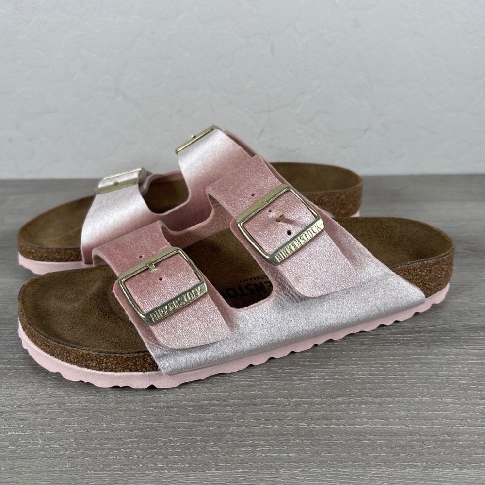 Birkenstock Arizona Pink Velvet Slide Sandals Gold Buckle Size 37 L6 M4